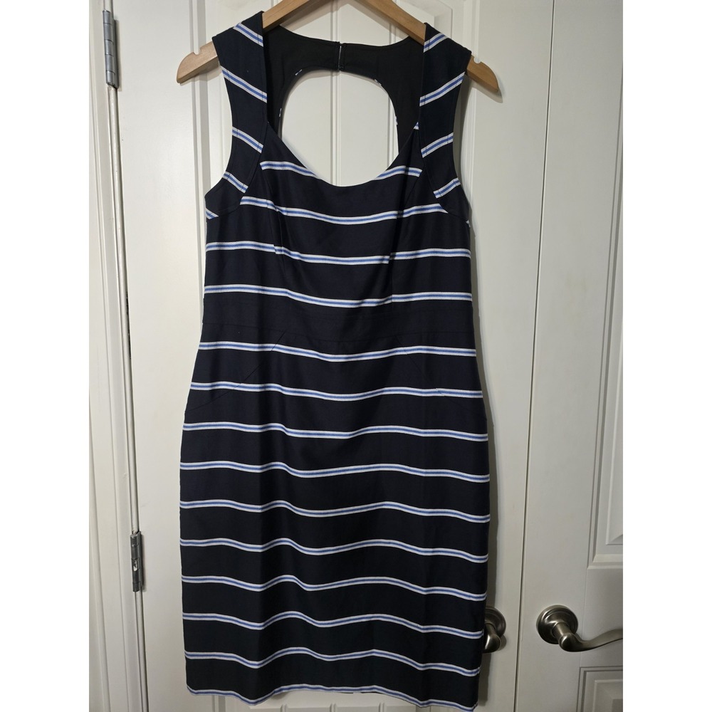 Ann Taylor Womens Navy Blue Striped‎ Sheath Dress Keyhole Back Size 8 NWT